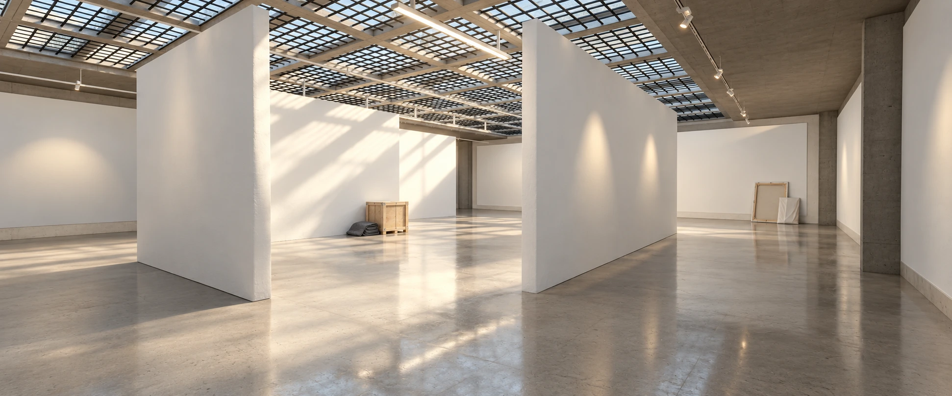 The Foundry, a light-filled virtual gallery with concrete floors and freestanding exhibition walls